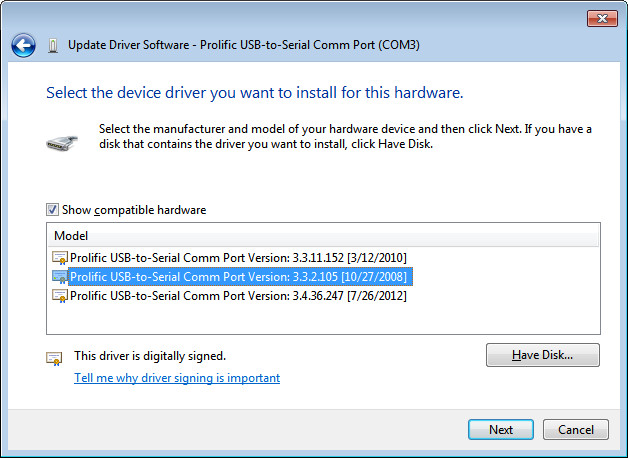 Prolific USB-to-Serial Comm Port Version: 3.3.2.105